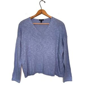 Eileen Fisher | Blue V-neck Organic Cotton Linen Blend Sweater Size Large Petite